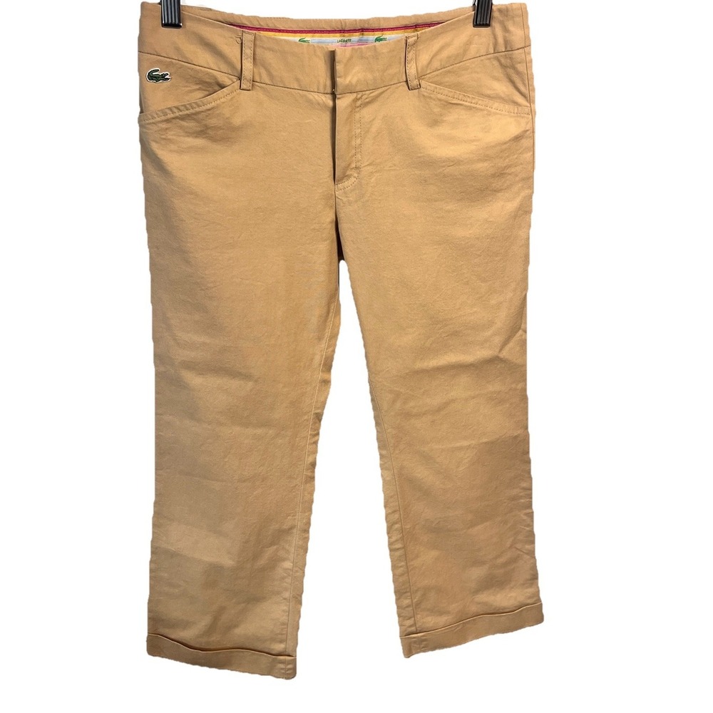 Lacoste Capri Cuff Pants Womens (S) 36 Khaki Beige Classic Fit Preppy Stretch